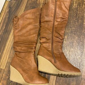 Top Moda tan lace up slouch Wedge Knee-High Boots size 7:5